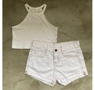 Kit Cropped Zara Kids Branco + Shorts Jeans PUC Branco Tamanho 10 - 10 anos - Zara Kids e PUC