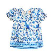 Vestido Azul e Branco Estampado Manga Curta Fábula - 1 ano - Fábula