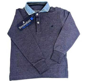 Camisa Polo Infantil Brookfield Azul Mescla com Gola Jeans e Manga Longa - 5 anos - Brooksfield Júnior