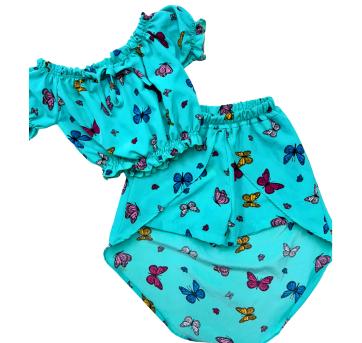 Conjunto Infantil Feminino Blusa Ombro a Ombro e Short Saia Estampado Borboleta - 5 anos - Sem etiqueta Importado