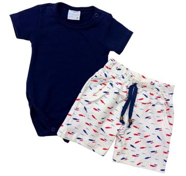 Conjunto Infantil Miniclo – Body Marinho + Shorts Estampado de Peixinhos - 1 ano - Sem etiqueta Importado