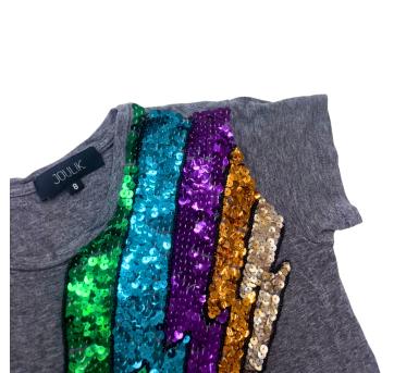 Camiseta Infantil Joulik – Cinza com Raio de Lantejoulas Coloridas - 5 anos - Sem etiqueta Importado