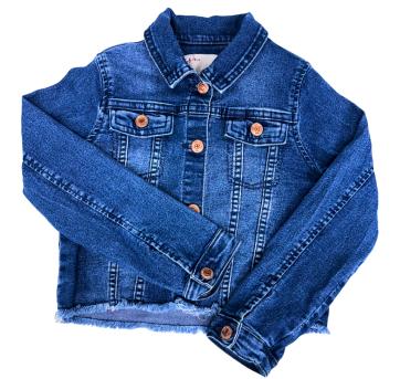 Jaqueta Infantil Jeans Azul Escuro – Barra Desfiada e Botões Dourados - 10 anos - Sem etiqueta Importado