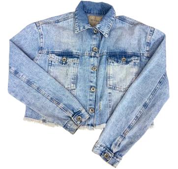 Jaqueta Jeans Infantil Miss Fifteen Azul Claro – Barra Desfiada e Lavagem Estona - 10 anos - Sem etiqueta Importado