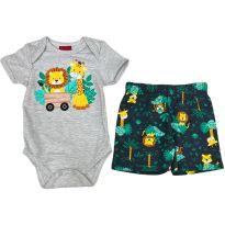 Conjunto Bebê Kyly Body E Bermuda Estampa Leãozinho Menino - 6 a 9 meses - Kyly