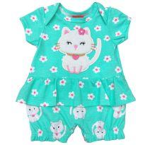 Body Bebê 0 a 3 Meses Verde com Estampa Floral e Detalhe de Gatinho Fofo. - 0 a 3 meses - Kily