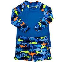 Conjunto UV Infantil com Blusa Azul e Sunga Estampada – Tamanho 12 Meses - 1 ano - Não informada