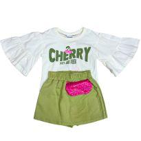 Conjunto Infantil Blusa, Short e Saia Marfim e Verde – Tamanho 4 Anos - 4 anos - Fakini